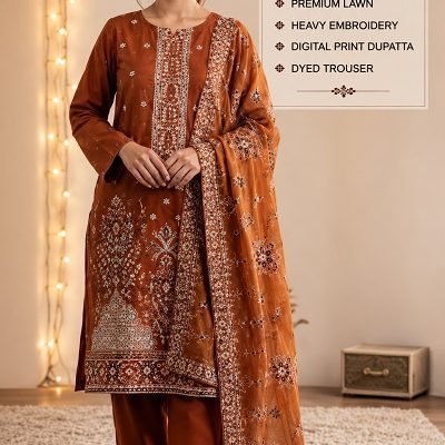 Rust Brown Luxury 3-Piece Lawn Suit with Premium Bamber Dupatta